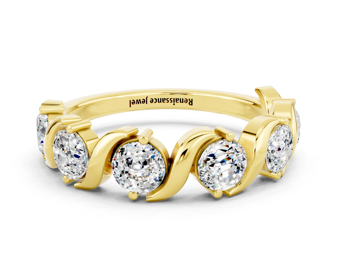 Yellow gold Five-Stone Round Moissanite Wave Band with Shared Prong Setting_6