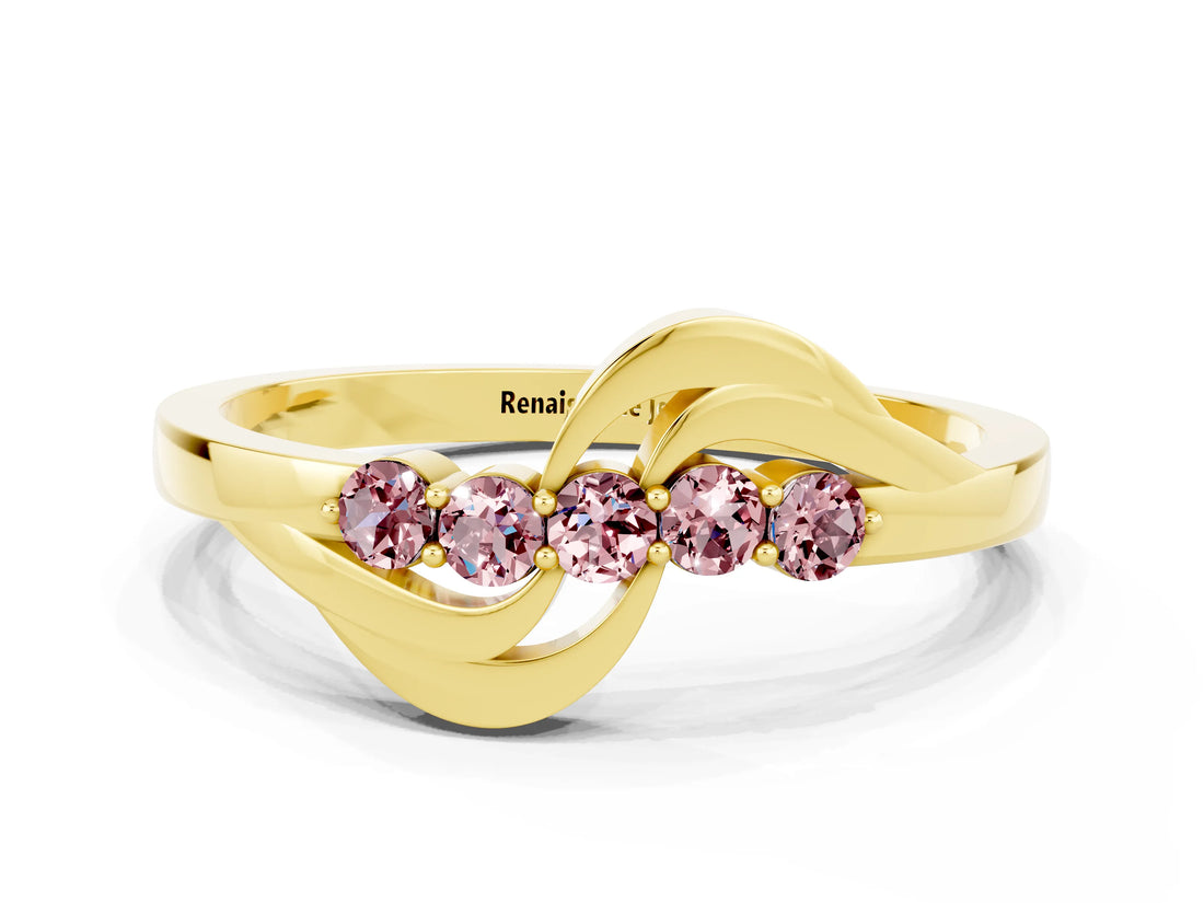 Yellow gold Five-Stone Round Morganite Crossover Band with Prong Setting_18