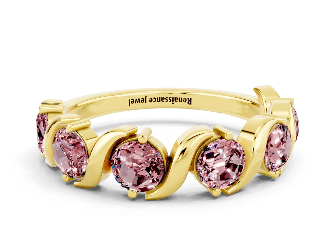 Yellow gold Five-Stone Round Morganite Wave Band with Shared Prong Setting_6