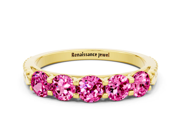 Yellow gold Five-Stone Round Pink Sapphire Prong-Set Band
