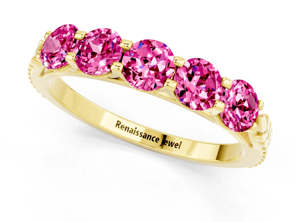 Yellow gold Five-Stone Round Pink Sapphire Prong-Set Band