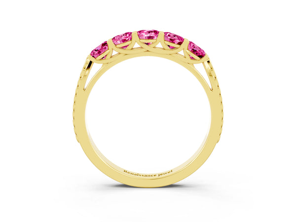 Yellow gold Five-Stone Round Pink Sapphire Prong-Set Band