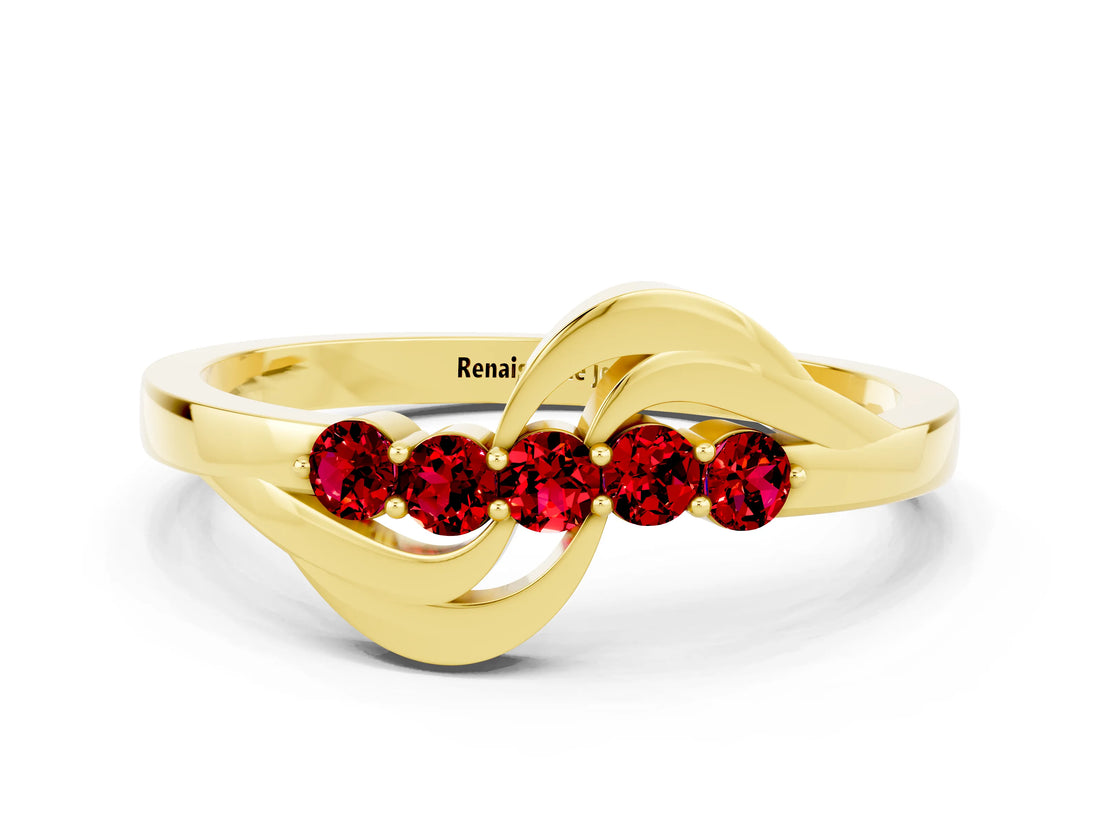 Yellow gold Five-Stone Round Ruby Crossover Band with Prong Setting_18