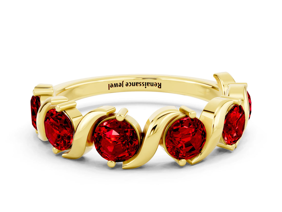 Yellow gold Five-Stone Round Ruby Wave Band with Shared Prong Setting_6