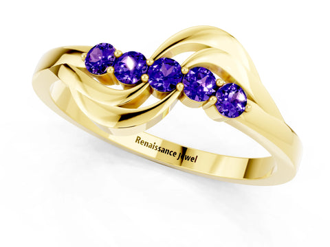 Yellow gold Five-Stone Round Tanzanite Crossover Band with Prong Setting_19