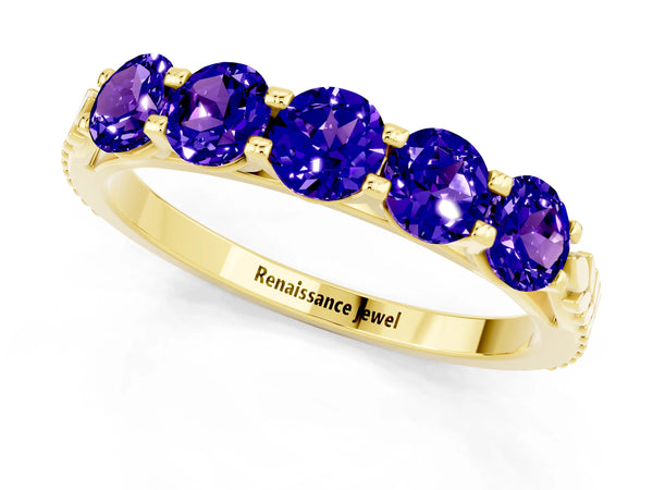 Yellow gold Five-Stone Round Tanzanite Prong-Set Band
