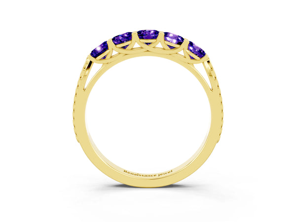 Yellow gold Five-Stone Round Tanzanite Prong-Set Band