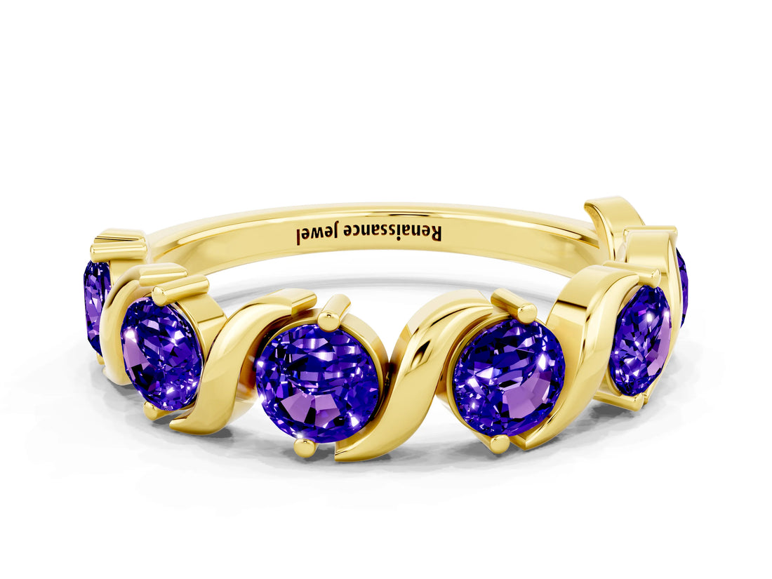 Yellow gold Five-Stone Round Tanzanite Wave Band with Shared Prong Setting_6