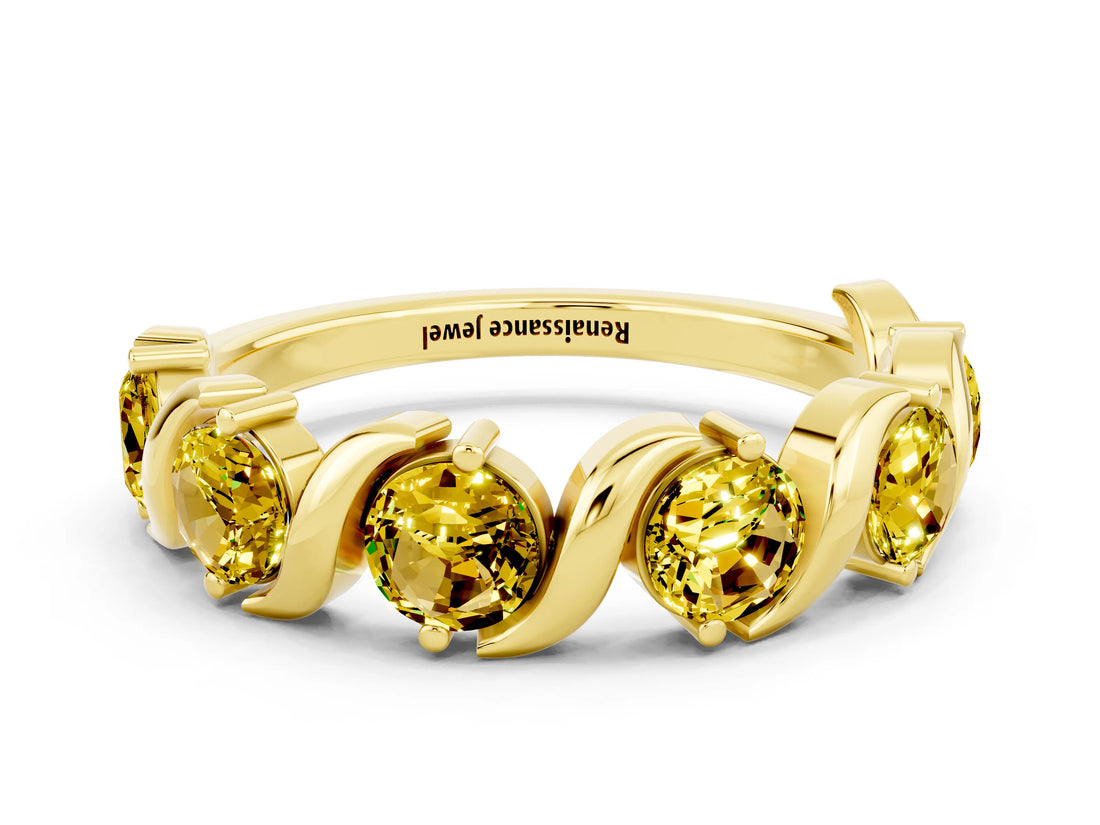 Yellow gold Five-Stone Round Yellow Sapphire Wave Band with Shared Prong Setting_6