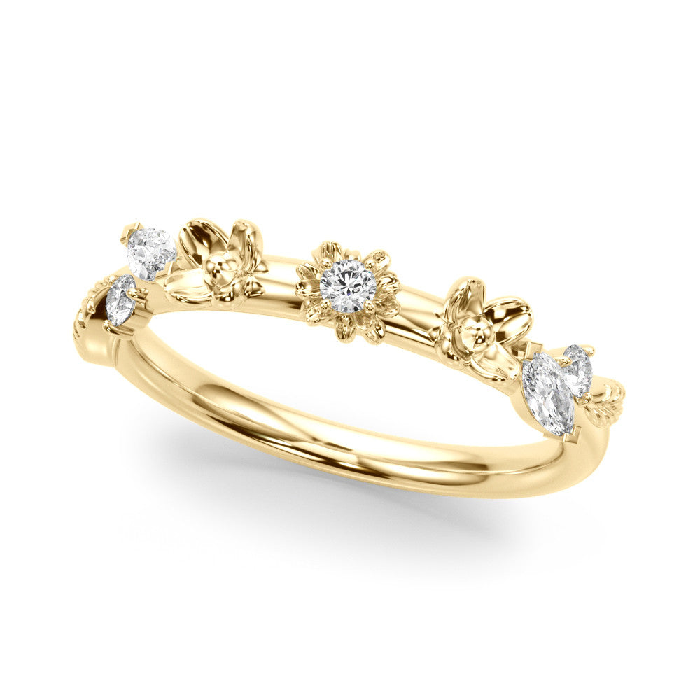 Yellow gold Floral Diamond Band with Round and Marquise Stones, White Gold, Prong Setting
