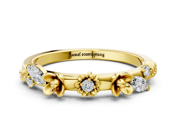 Yellow gold Floral Diamond Band with Round and Marquise Stones, White Gold, Prong Setting