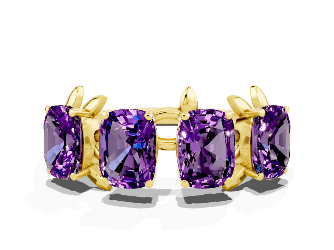 Yellow gold Four-Stone Elongated Cushion Amethyst Band with Nature-Inspired Prong Setting_6