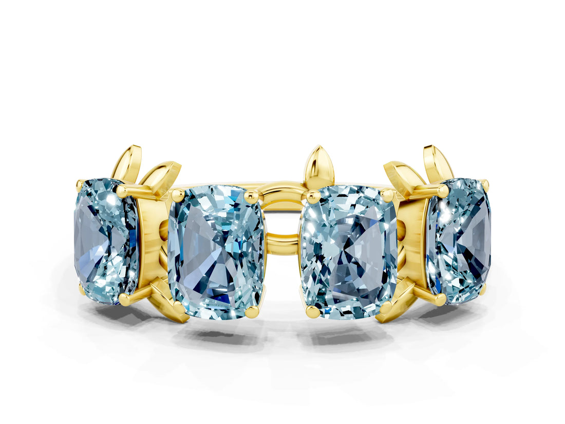 Yellow gold Four-Stone Elongated Cushion Aquamarine Band with Nature-Inspired Prong Setting_6