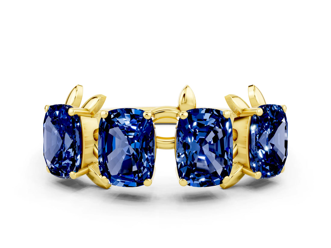 Yellow gold Four-Stone Elongated Cushion Blue Sapphire Band with Nature-Inspired Prong Setting_6