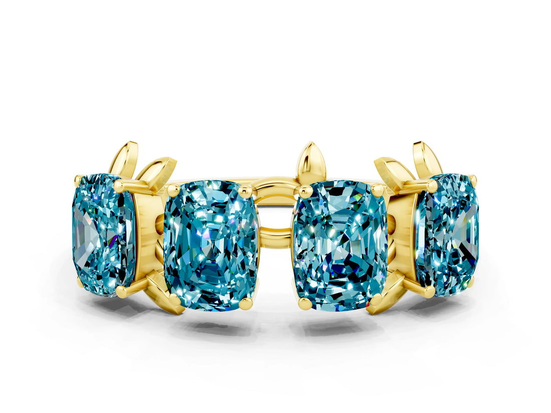 Yellow gold Four-Stone Elongated Cushion Blue Topaz Band with Nature-Inspired Prong Setting_6