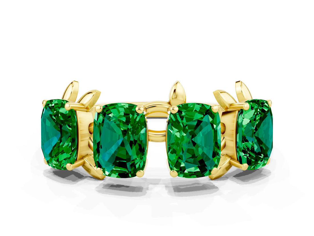 Yellow gold Four-Stone Elongated Cushion Emerald Band with Nature-Inspired Prong Setting_6