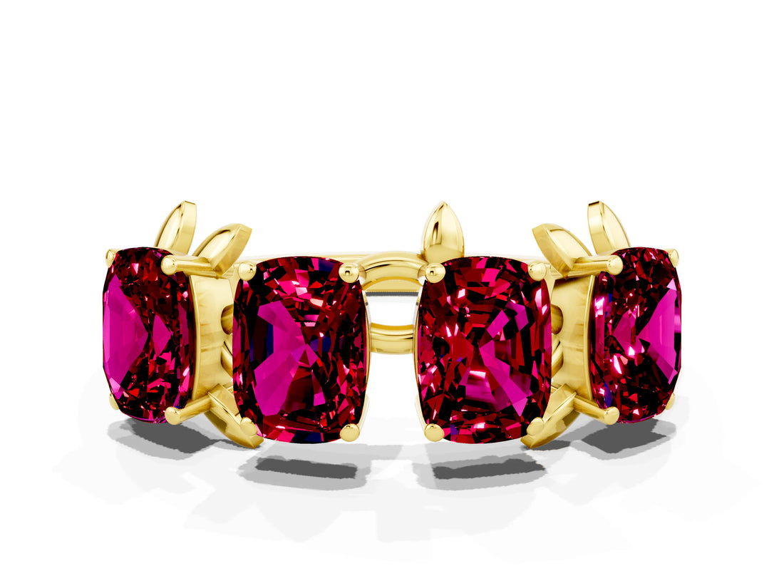 Yellow gold Four-Stone Elongated Cushion Garnet Band with Nature-Inspired Prong Setting_6