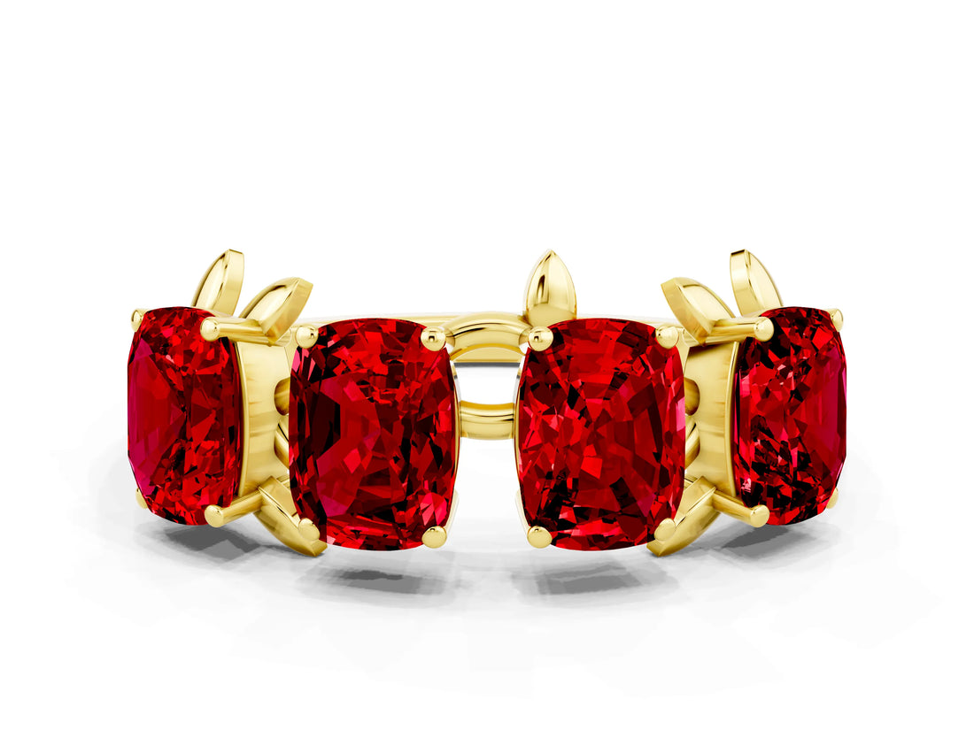 Yellow gold Four-Stone Elongated Cushion Ruby Band with Nature-Inspired Prong Setting_6