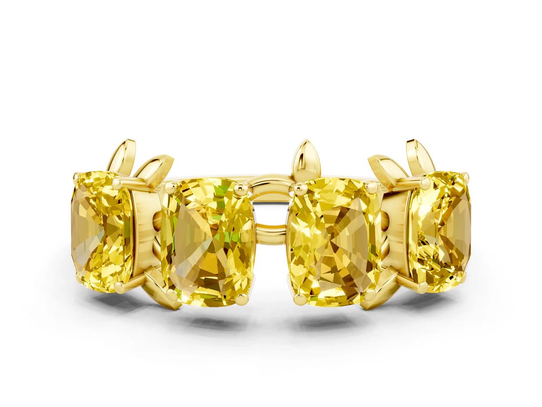 Yellow gold Four-Stone Elongated Cushion Yellow Sapphire Band with Nature-Inspired Prong Setting_6