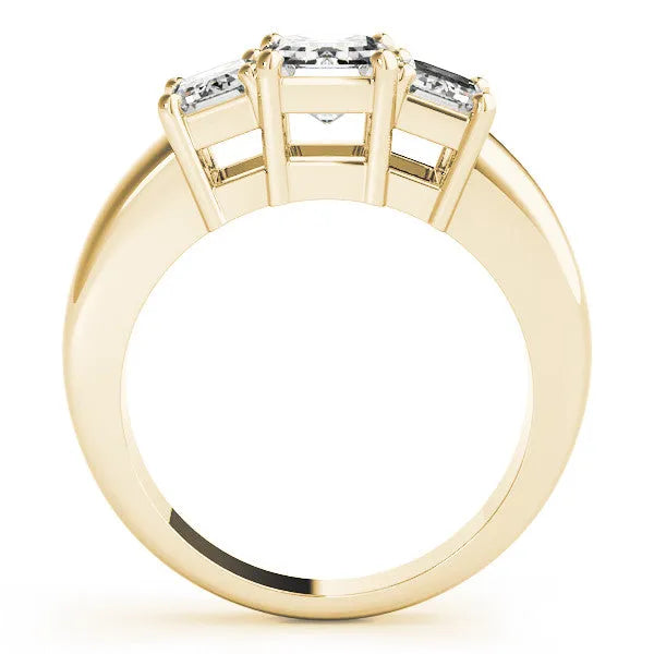 Yellow gold Three-Stone Radiant Cut Diamond Ring with Emerald Side Stones and Prong Setting