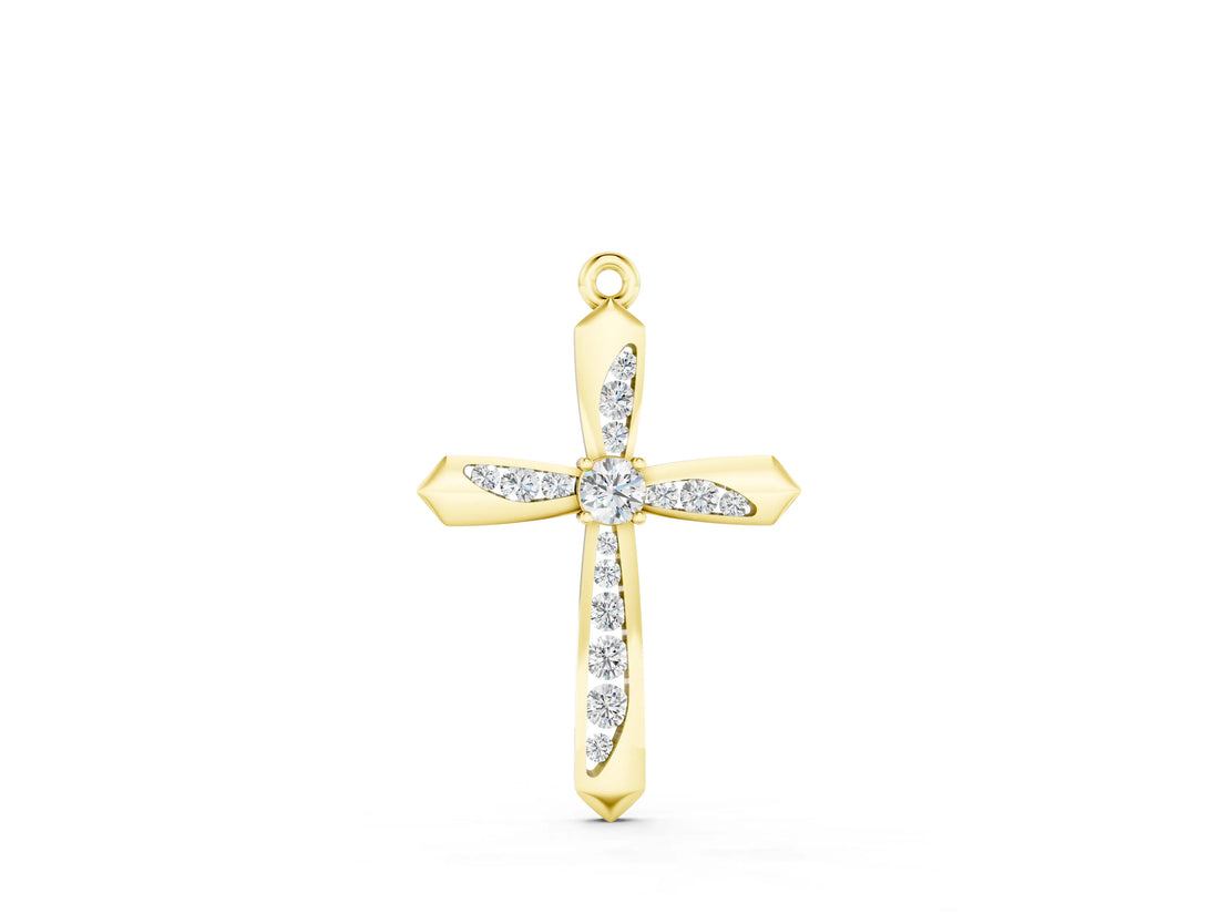 Yellow gold Gold Cross Pendant with Round Cut Stones and Prong Setting_34