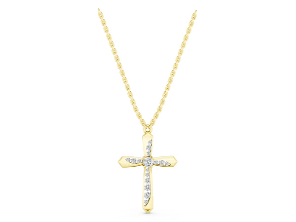 Yellow gold Gold Cross Pendant with Round Cut Stones and Prong Setting