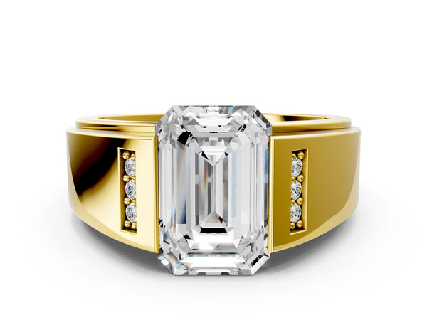 Yellow gold Half-Bezel Emerald Cut Diamond Mens Ring with Channel-Set Round Shoulders