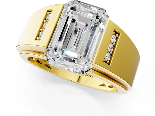 Yellow gold Half-Bezel Emerald Cut Diamond Mens Ring with Channel-Set Round Shoulders
