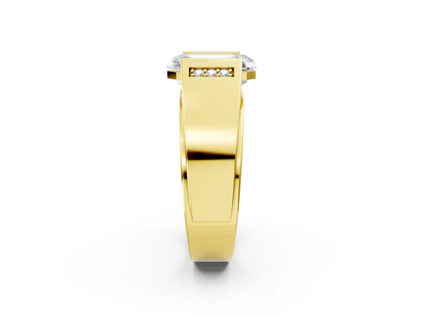 Yellow gold Half-Bezel Emerald Cut Diamond Mens Ring with Channel-Set Round Shoulders