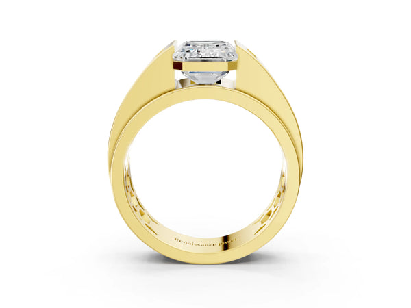 Yellow gold Half-Bezel Emerald Cut Diamond Mens Ring with Channel-Set Round Shoulders