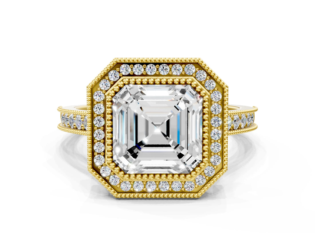 Yellow gold Halo Asscher-Cut Diamond Pave Band Milgrain Prong Setting Ring_58