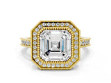 Yellow gold Halo Asscher-Cut Diamond Pave Band Milgrain Prong Setting Ring_58