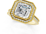 Yellow gold Halo Asscher-Cut Diamond Pave Band Milgrain Prong Setting Ring_59