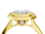 Yellow gold Halo Asscher-Cut Diamond Pave Band Milgrain Prong Setting Ring_62