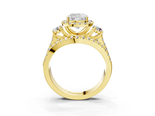 Yellow gold Halo Cushion Cut Cut Split Shank Diamond Ring with Four-Prong Setting