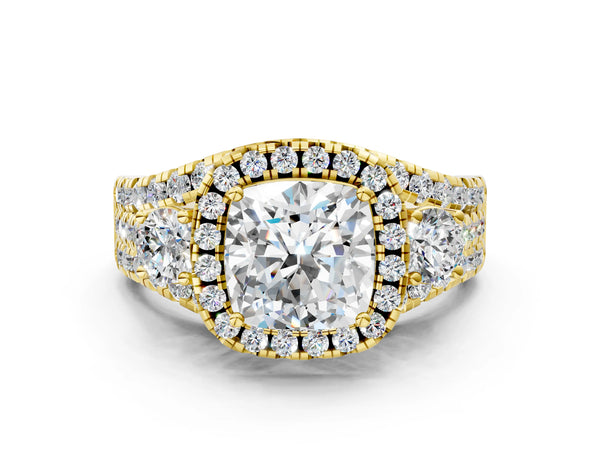 Yellow gold Halo Cushion Cut Cut Split Shank Diamond Ring with Four-Prong Setting