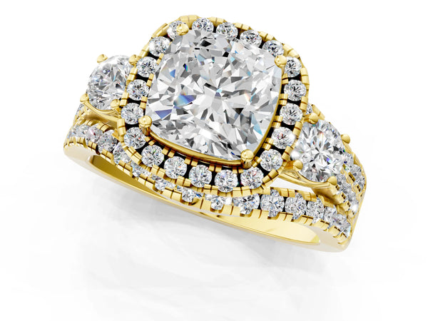 Yellow gold Halo Cushion Cut Cut Split Shank Diamond Ring with Four-Prong Setting