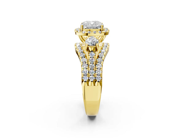 Yellow gold Halo Cushion Cut Cut Split Shank Diamond Ring with Four-Prong Setting