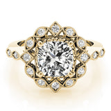 Yellow gold Halo Cushion Cut Diamond Milgrain Band with Four-Prong Setting 1