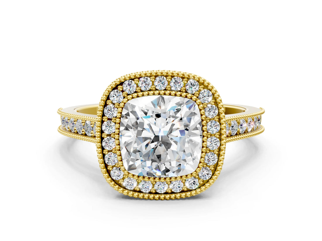 Yellow gold Halo Cushion-Cut Diamond Pave Band Milgrain Prong Setting Ring_55