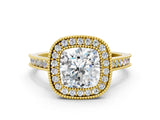 Yellow gold Halo Cushion-Cut Diamond Pave Band Milgrain Prong Setting Ring_55