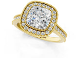 Yellow gold Halo Cushion-Cut Diamond Pave Band Milgrain Prong Setting Ring_56