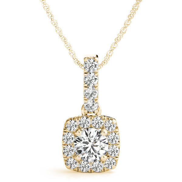 Yellow gold Halo Cushion Cut Diamond Pendant with Four-Prong Setting