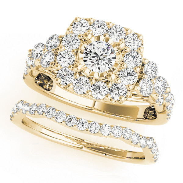 Yellow gold Halo Cushion Cut Diamond Ring with Pavé Band and Four-Prong Setting 1