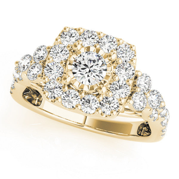 Yellow gold Halo Cushion Cut Diamond Ring with Pavé Band and Four-Prong Setting
