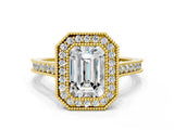 Yellow gold Halo Emerald-Cut Diamond Pave Band Milgrain Prong Setting Ring_55
