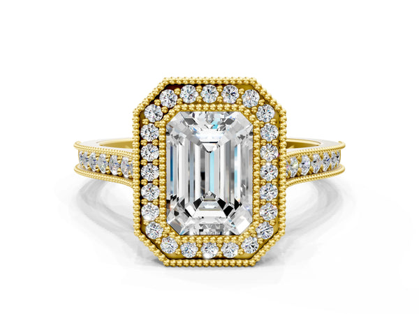 Yellow gold Halo Emerald-Cut Diamond Pave Band Milgrain Prong Setting Ring