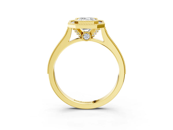 Yellow gold Halo Emerald-Cut Diamond Pave Band Milgrain Prong Setting Ring