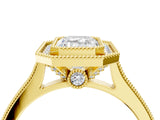 Yellow gold Halo Emerald-Cut Diamond Pave Band Milgrain Prong Setting Ring_59