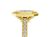 Yellow gold Halo Emerald-Cut Diamond Pave Band Milgrain Prong Setting Ring_60